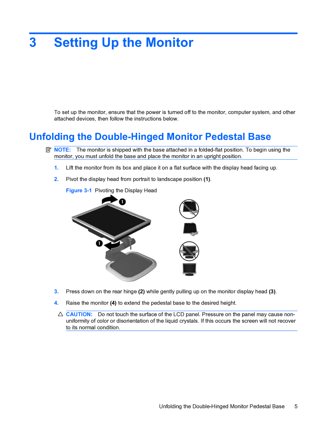 HP L1950g 19-inch manual Setting Up the Monitor, Unfolding the Double-Hinged Monitor Pedestal Base 