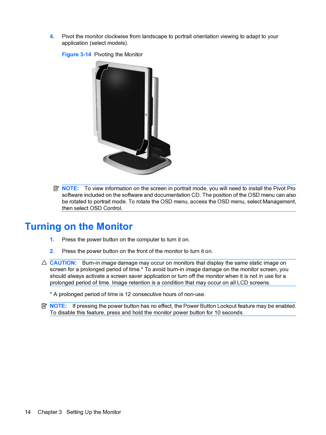 HP L1950g 19-inch manual Turning on the Monitor, 14Pivoting the Monitor 