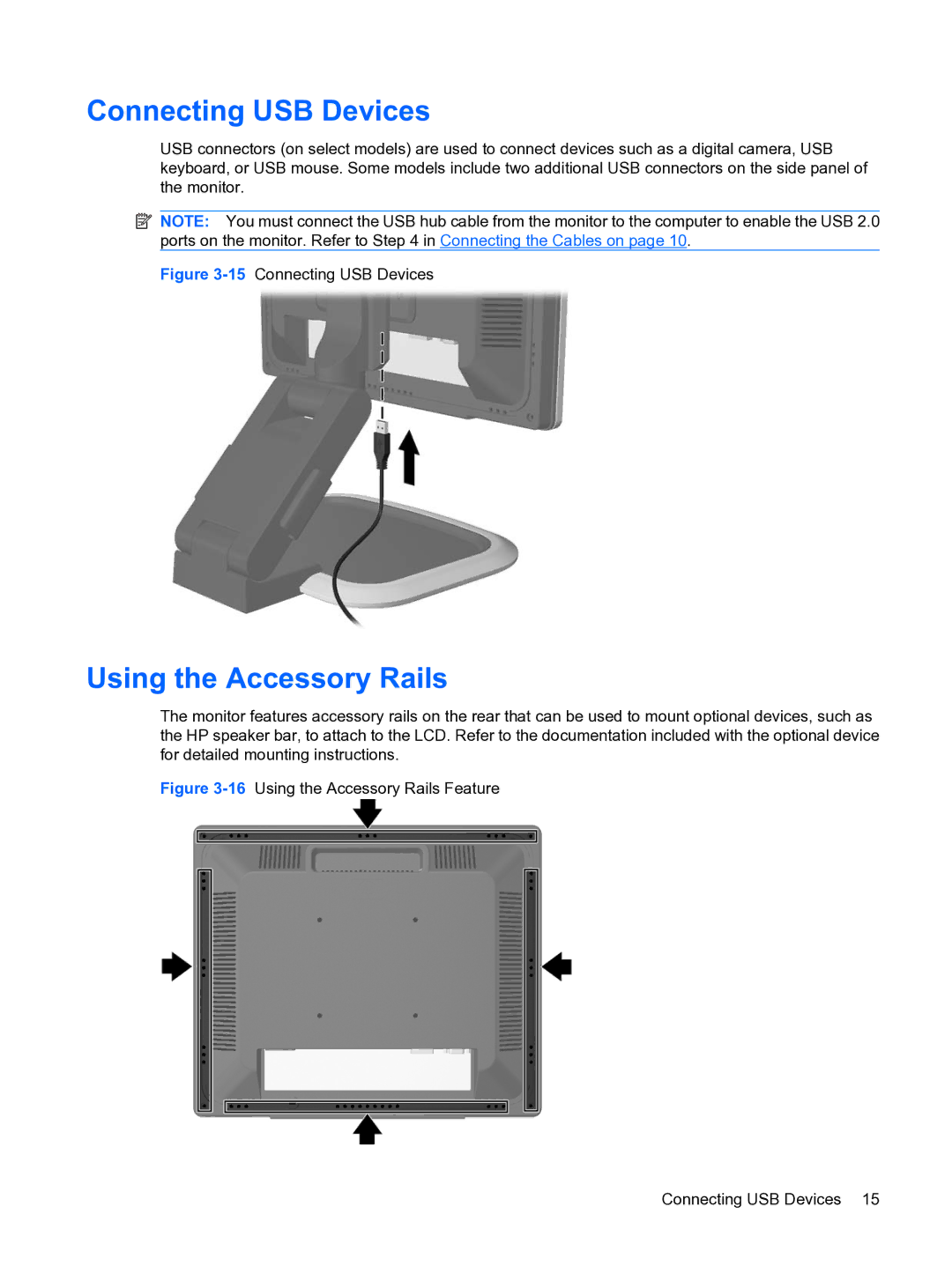 HP L1950g 19-inch manual Connecting USB Devices, Using the Accessory Rails 