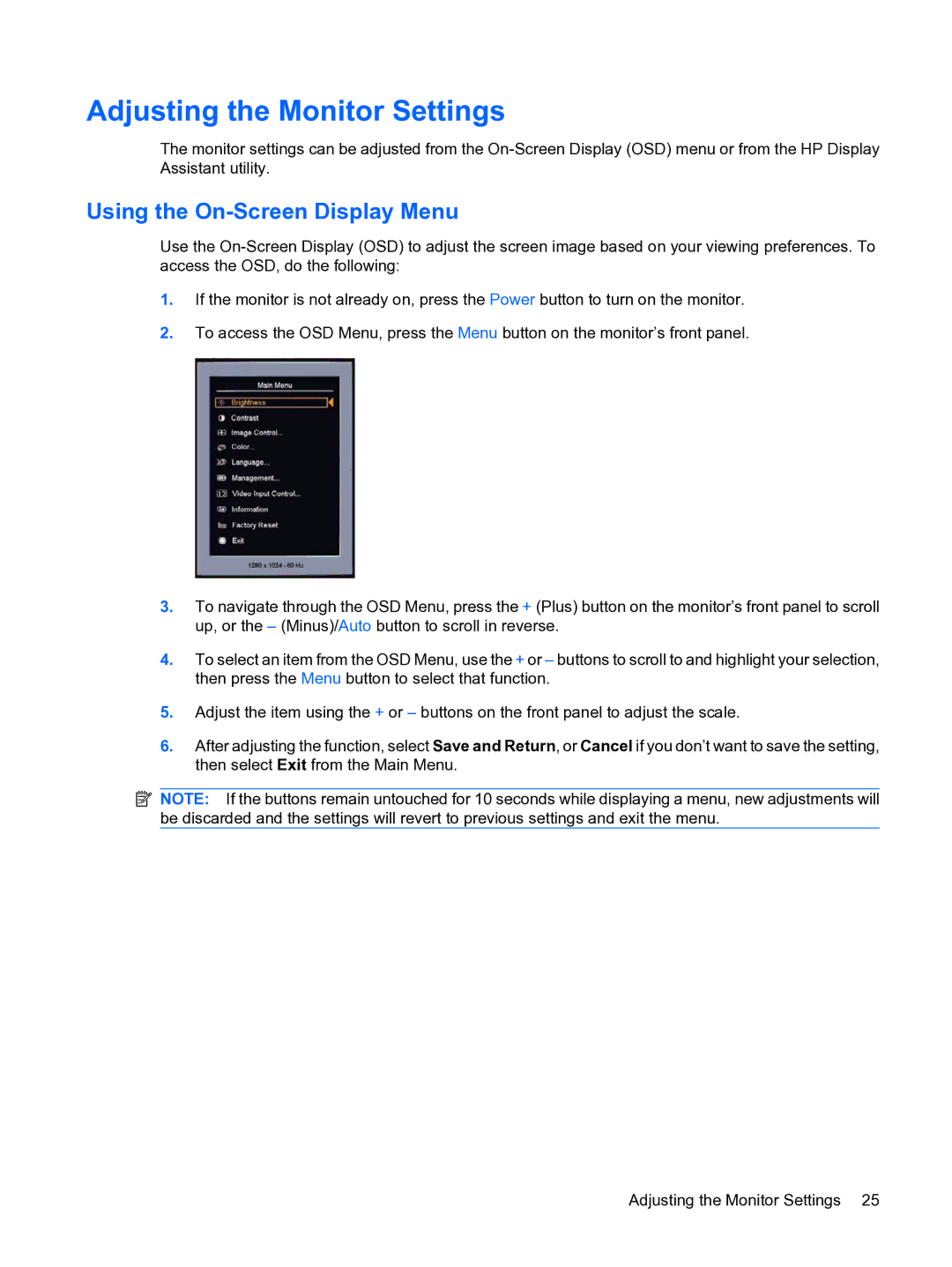 HP L1950g 19-inch manual Adjusting the Monitor Settings, Using the On-Screen Display Menu 