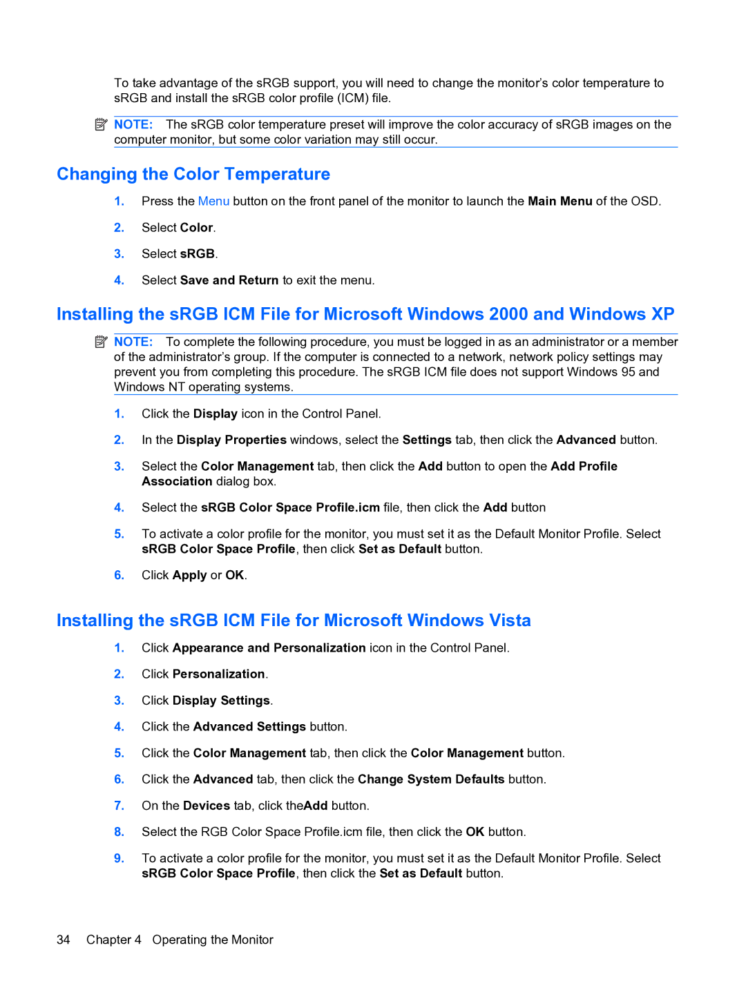 HP L1950g 19-inch manual Changing the Color Temperature, Installing the sRGB ICM File for Microsoft Windows Vista 