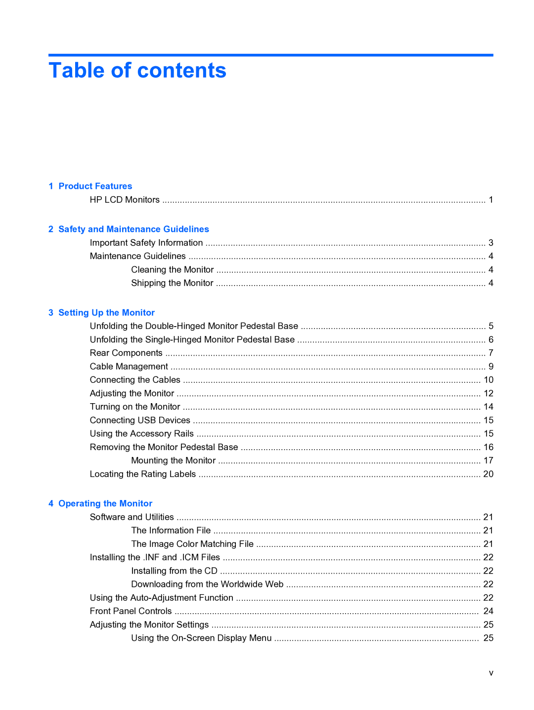 HP L1950g 19-inch manual Table of contents 