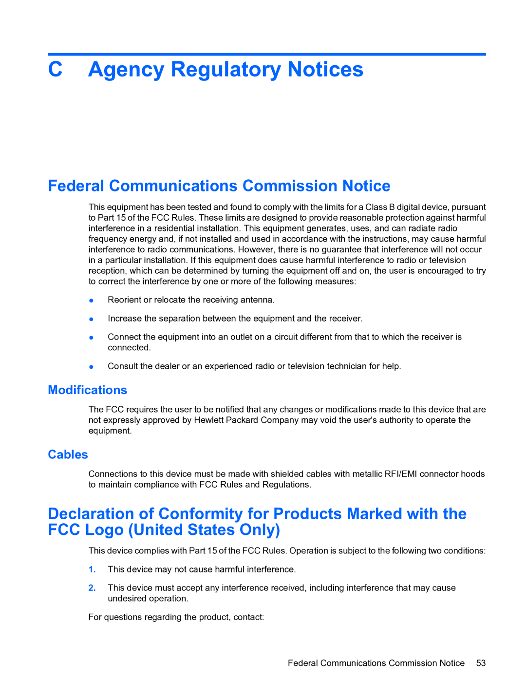 HP L1950g 19-inch manual Agency Regulatory Notices, Federal Communications Commission Notice, Modifications, Cables 