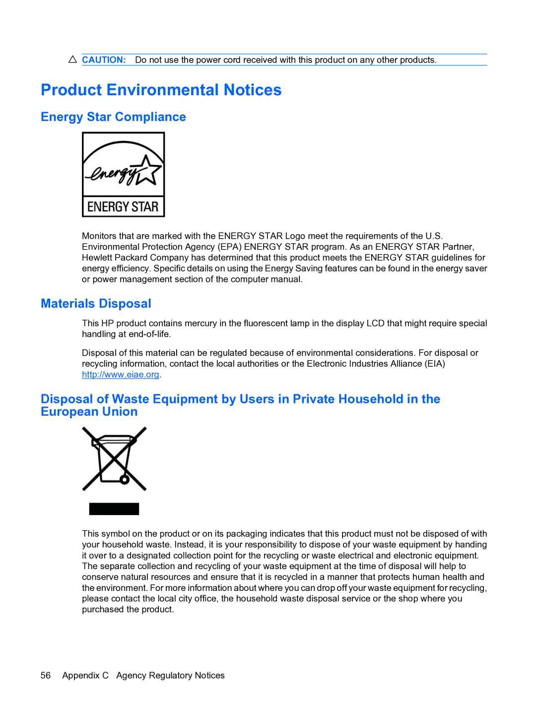 HP L1950g 19-inch manual Product Environmental Notices, Energy Star Compliance, Materials Disposal 