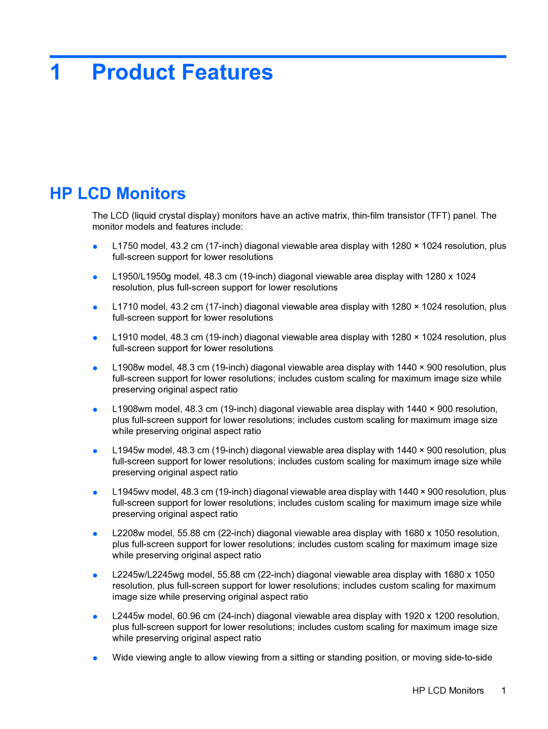 HP L1950g 19-inch manual Product Features, HP LCD Monitors 