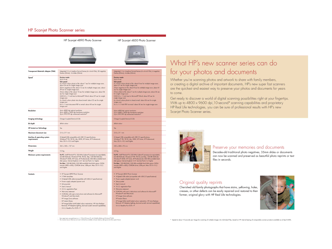 HP L1950A, L1970A, Q3841A Preserve your memories and documents, Original quality reprints, HP Scanjet 4890 Photo Scanner 