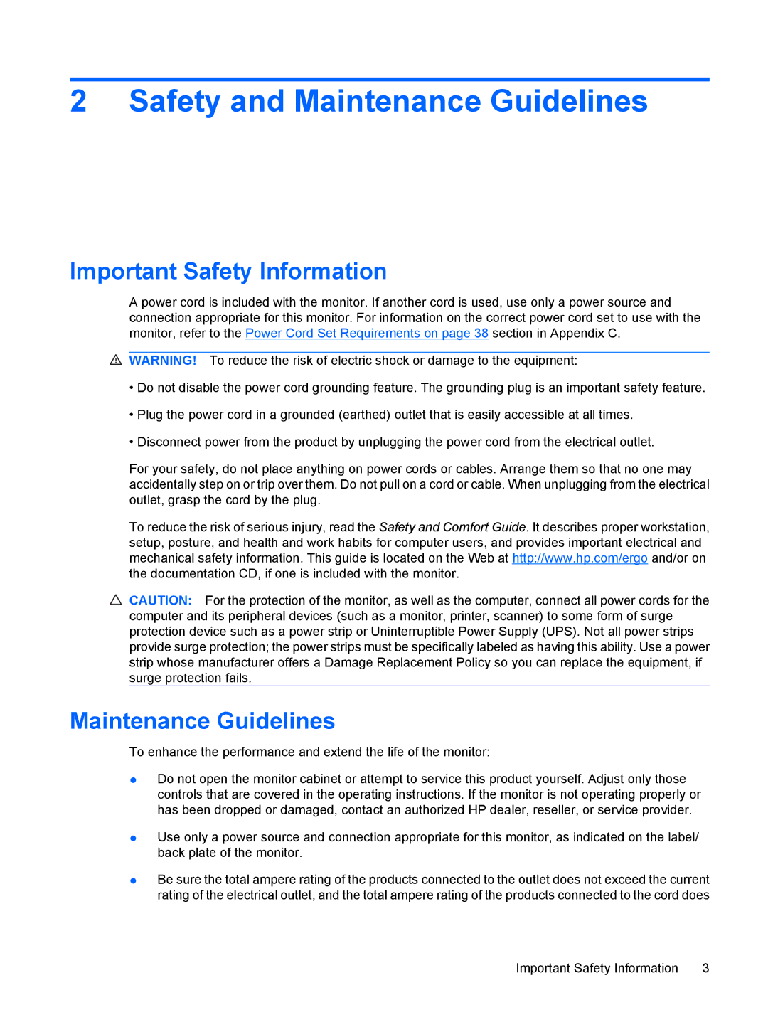 HP L2045w 20-inch manual Safety and Maintenance Guidelines, Important Safety Information 