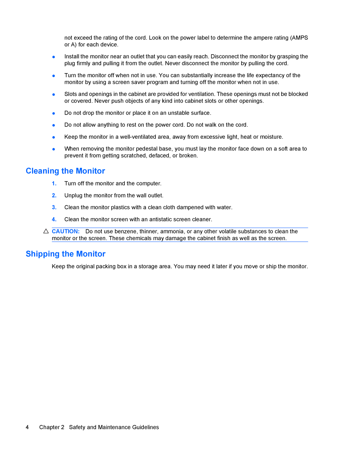 HP L2045w 20-inch manual Cleaning the Monitor, Shipping the Monitor 