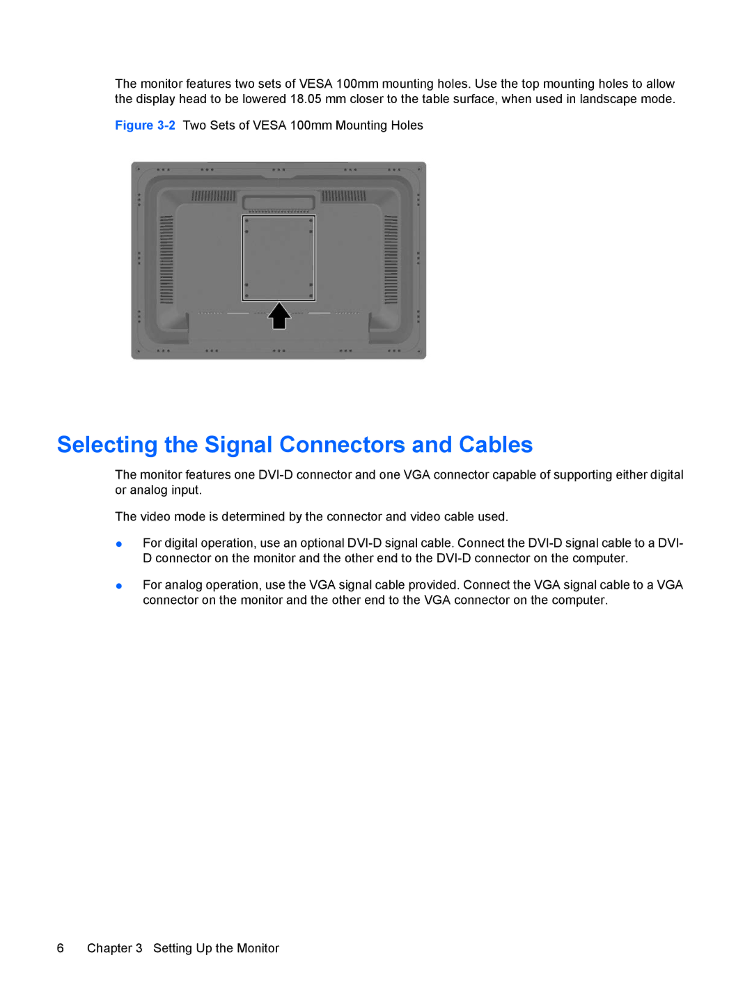 HP L2045w 20-inch manual Selecting the Signal Connectors and Cables, 2Two Sets of Vesa 100mm Mounting Holes 