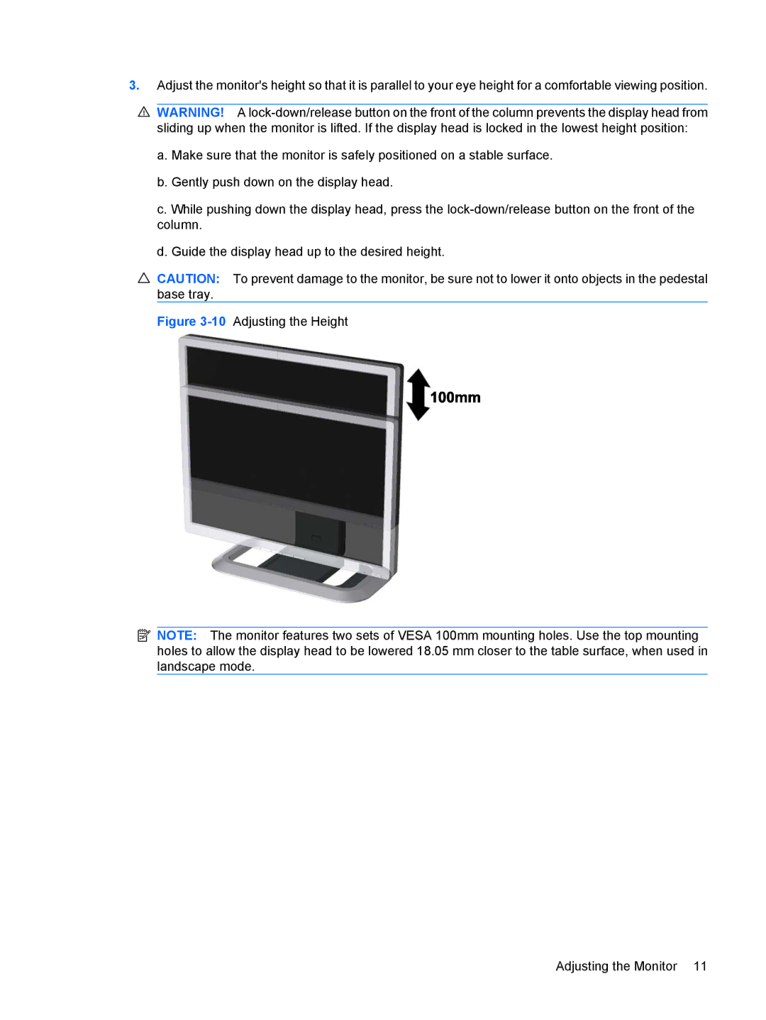 HP L2045w 20-inch manual 10Adjusting the Height Adjusting the Monitor 