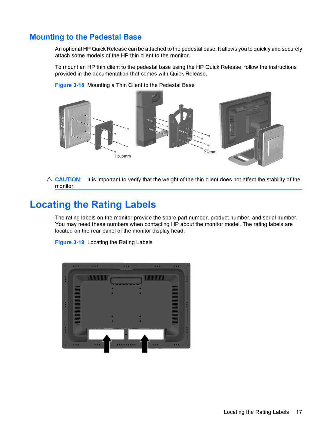 HP L2045w 20-inch manual Locating the Rating Labels, Mounting to the Pedestal Base 