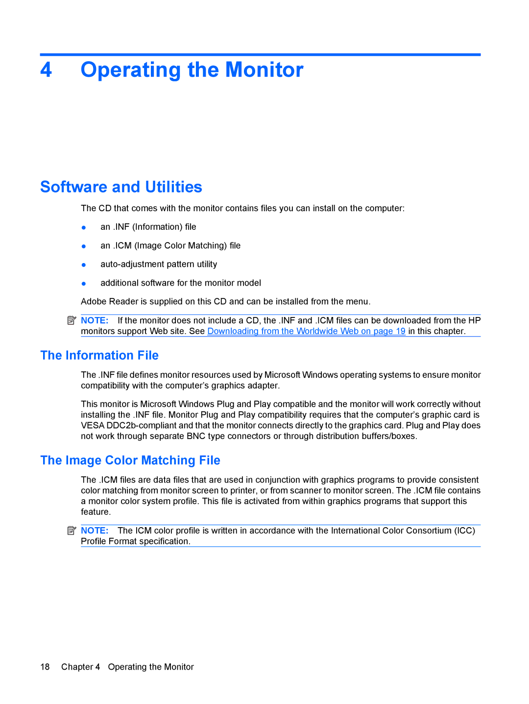 HP L2045w 20-inch manual Operating the Monitor, Software and Utilities, Information File, Image Color Matching File 