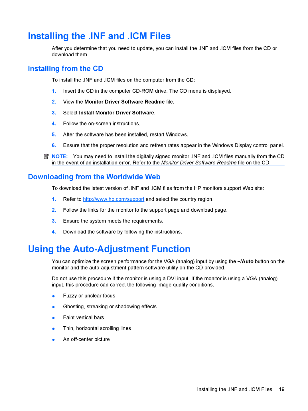 HP L2045w 20-inch manual Installing the .INF and .ICM Files, Using the Auto-Adjustment Function, Installing from the CD 