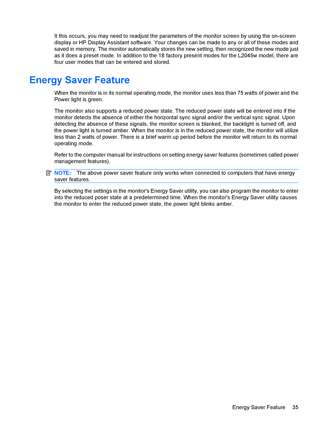 HP L2045w 20-inch manual Energy Saver Feature 