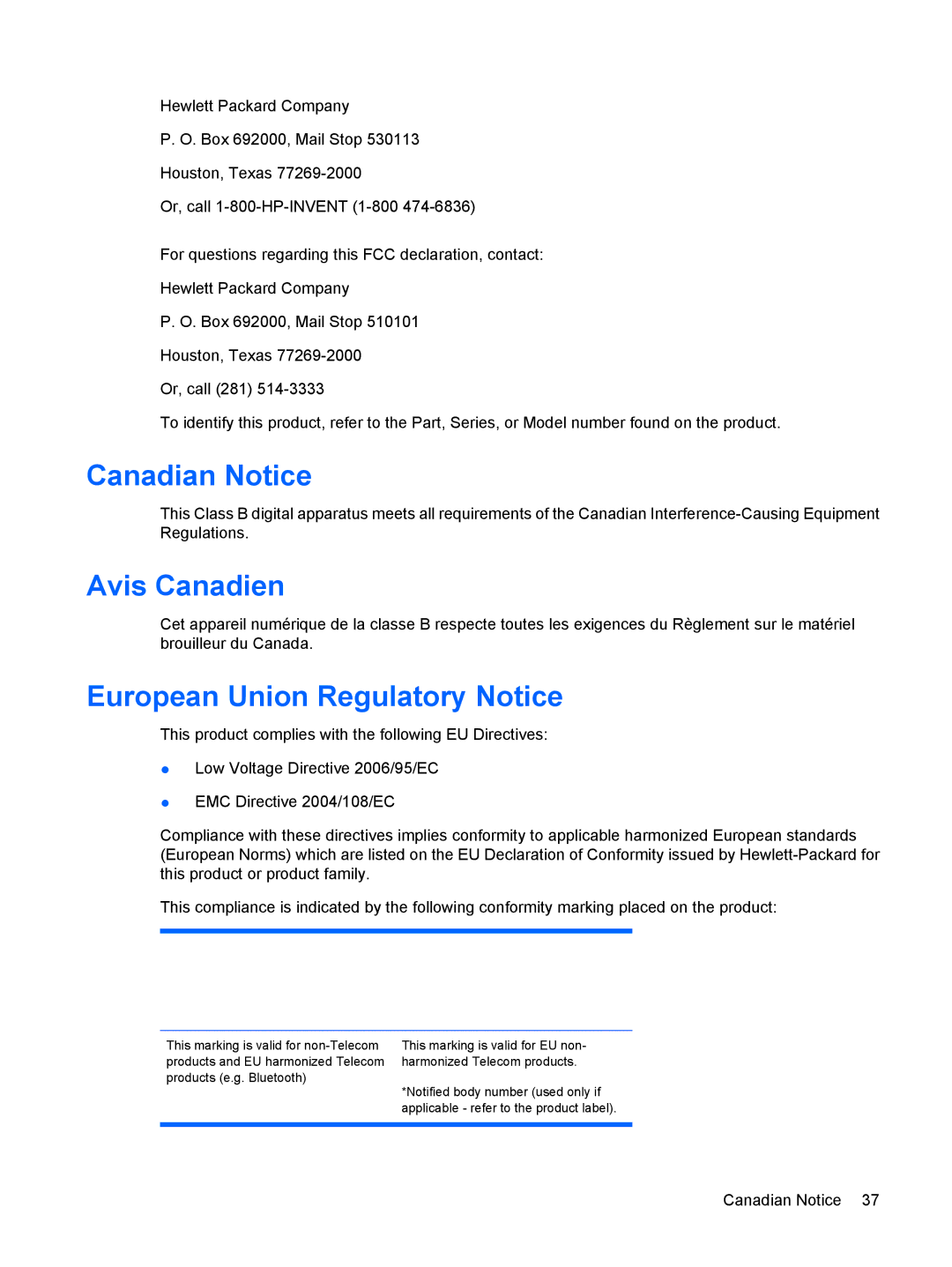 HP L2045w 20-inch manual Canadian Notice, Avis Canadien, European Union Regulatory Notice 