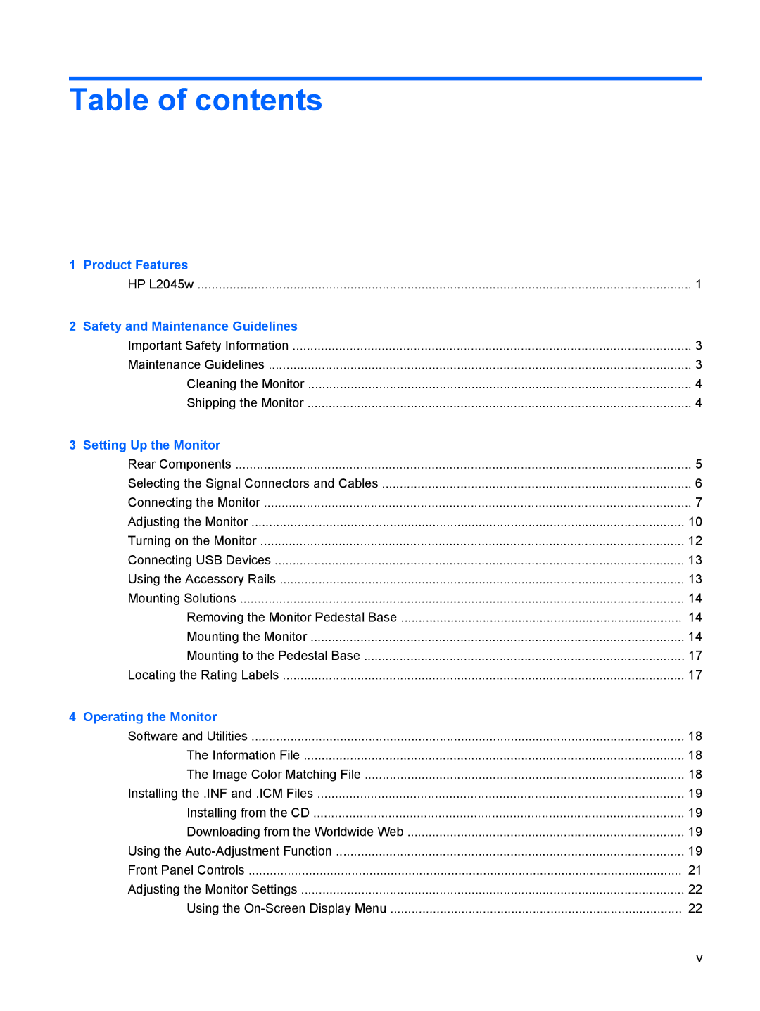 HP L2045w 20-inch manual Table of contents 