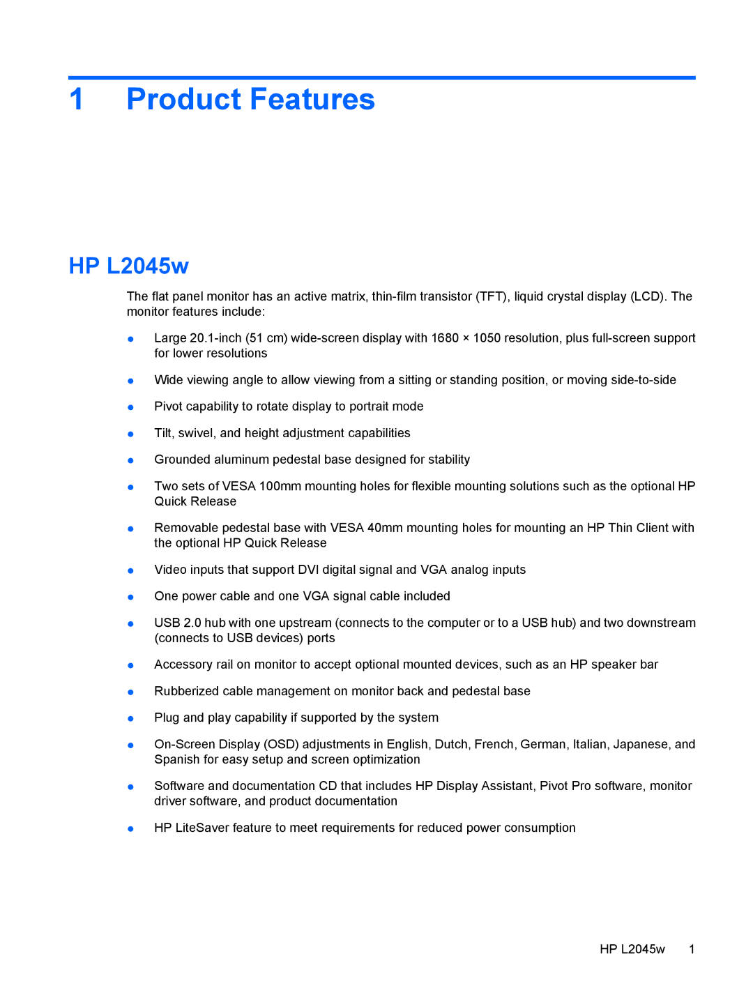 HP L2045w 20-inch manual Product Features, HP L2045w 