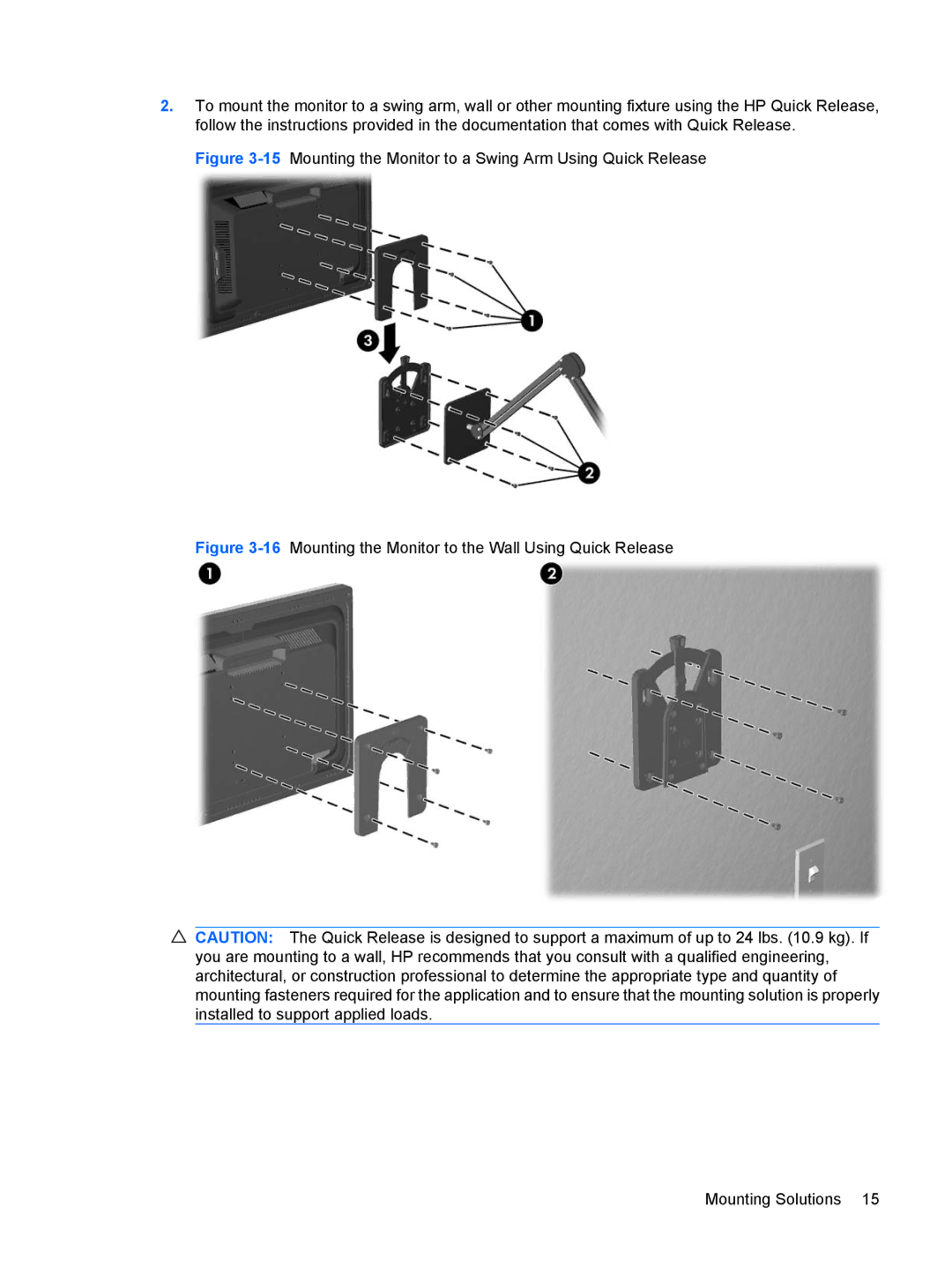 HP L2045W manual 15Mounting the Monitor to a Swing Arm Using Quick Release 