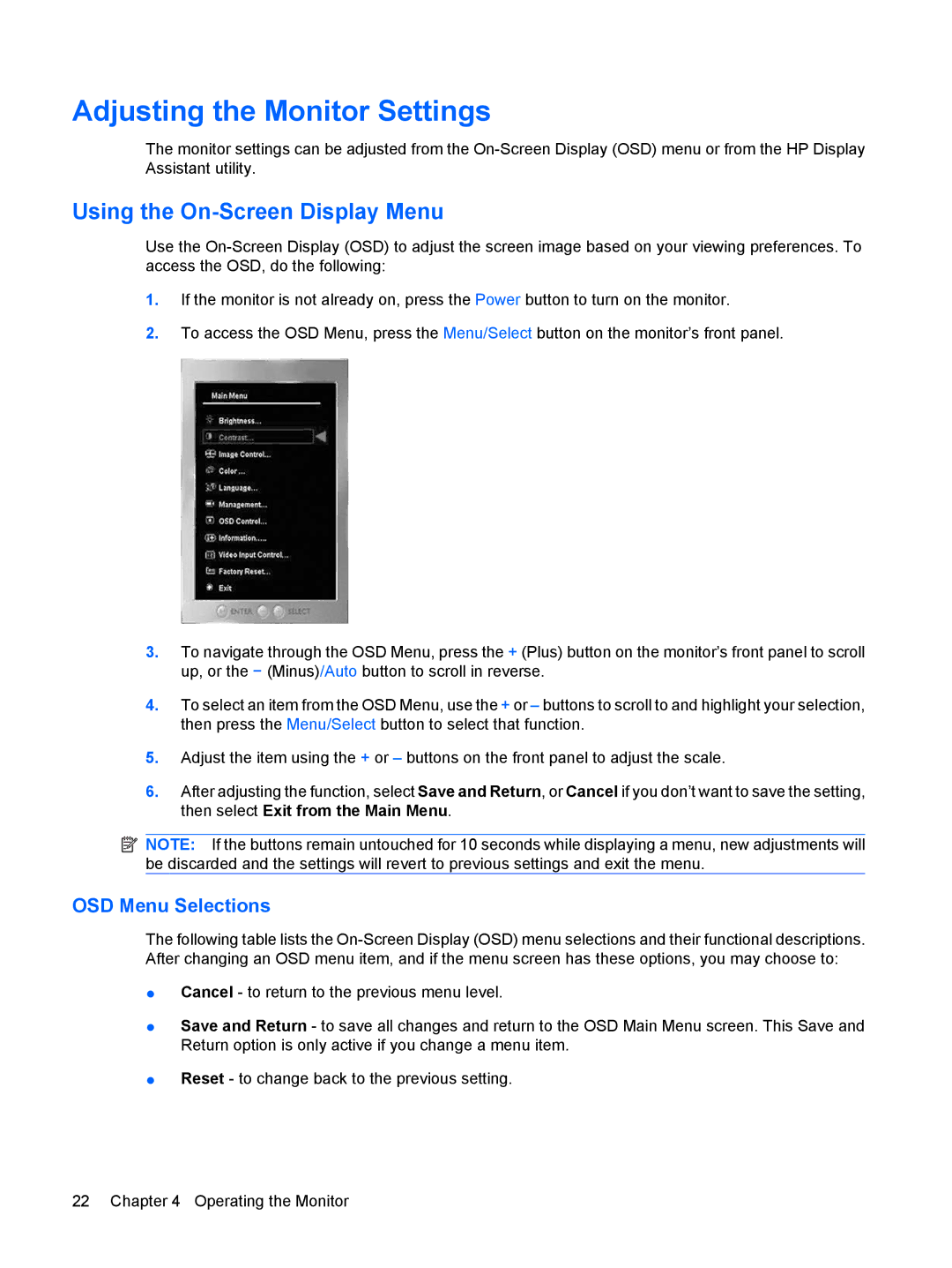 HP L2045W manual Adjusting the Monitor Settings, Using the On-Screen Display Menu 