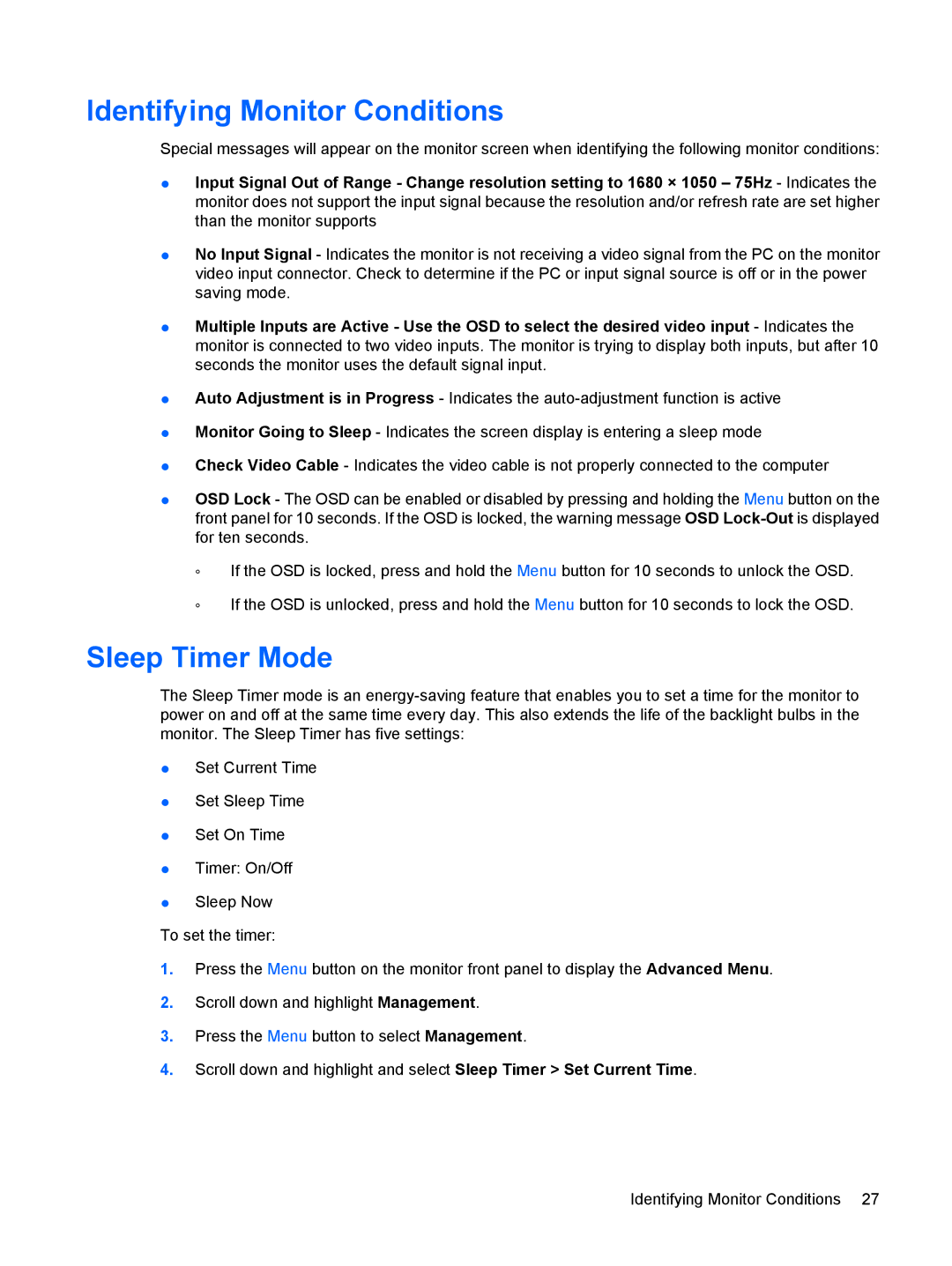 HP L2045W manual Identifying Monitor Conditions, Sleep Timer Mode 