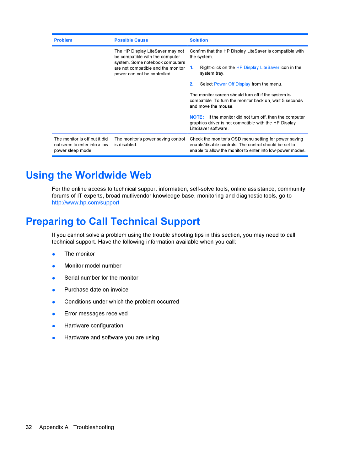 HP L2045W manual Using the Worldwide Web Preparing to Call Technical Support 