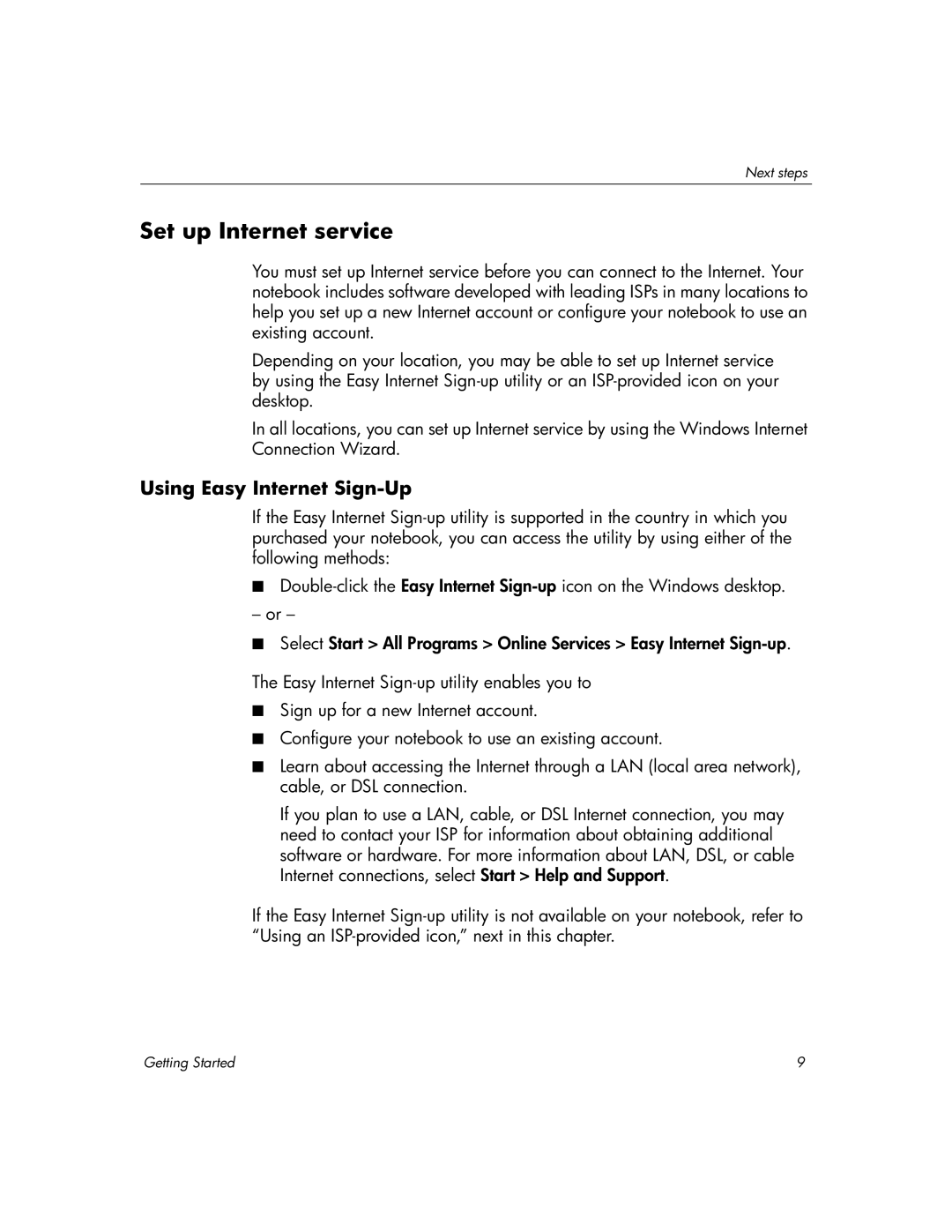 HP L2000, L2098XX, L2005US, L2005CU, L2005CM, L2005CL, L2005A3, L2005CO Set up Internet service, Using Easy Internet Sign-Up 