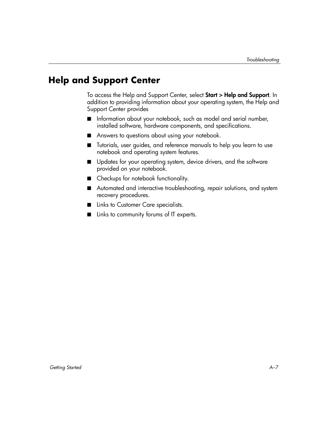 HP L2005A3, L2098XX, L2005US, L2005CU, L2005CM, L2005CL, L2000, L2005CO manual Help and Support Center 