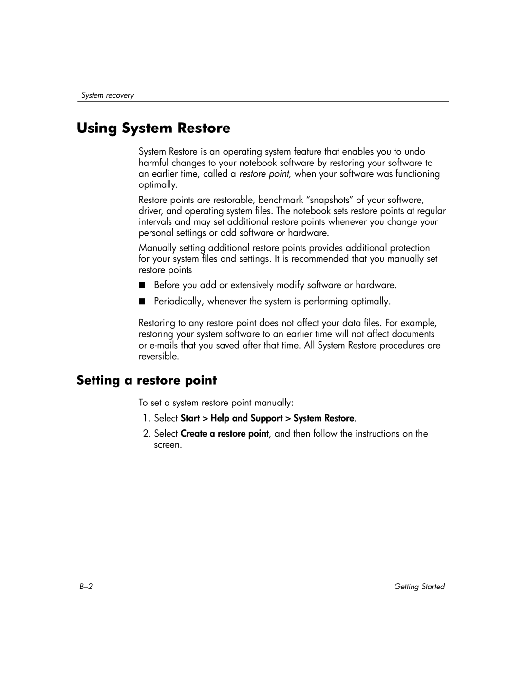 HP L2005CU, L2098XX, L2005US, L2005CM, L2005CL, L2000, L2005A3, L2005CO manual Using System Restore, Setting a restore point 