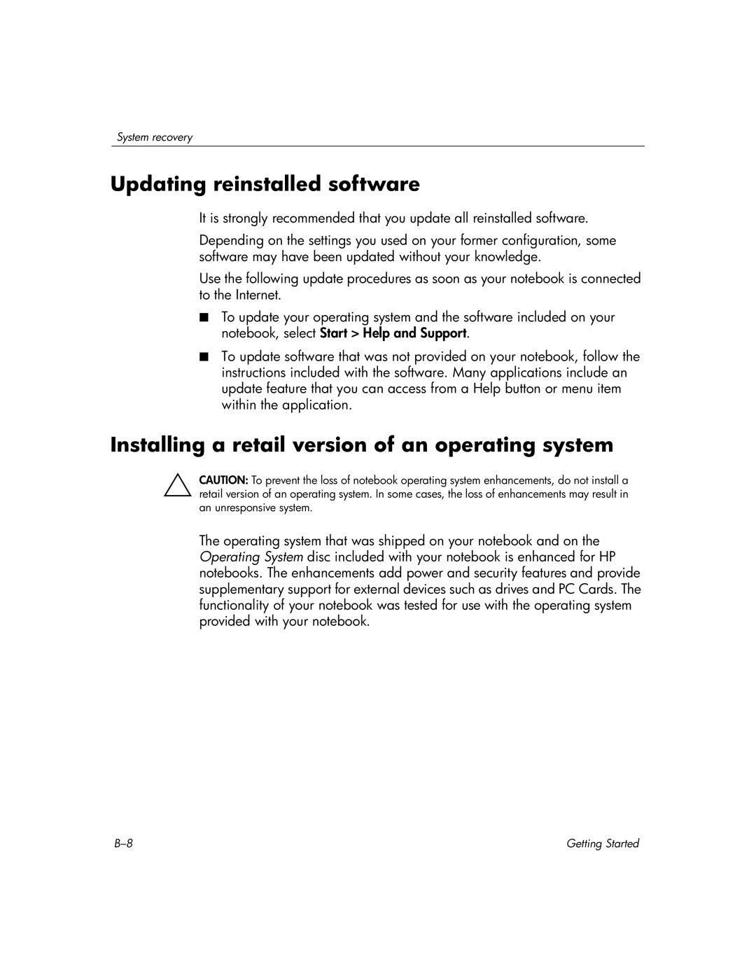 HP L2098XX, L2005US, L2005CU, L2005CM manual Updating reinstalled software, Installing a retail version of an operating system 