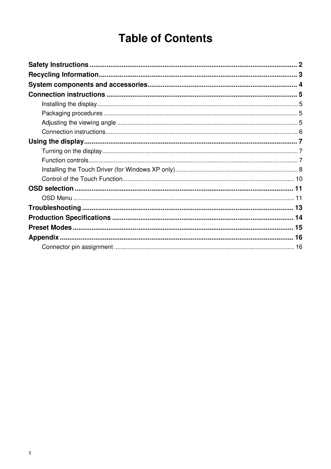 HP L2105TM, 2209T manual Table of Contents 