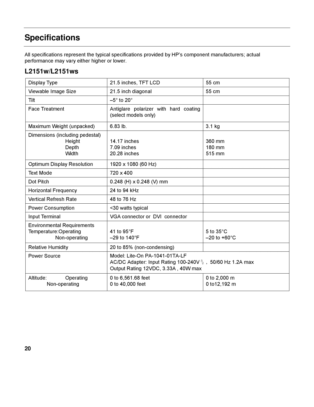 HP L2151WS manual Specifications, L2151w/L2151ws 