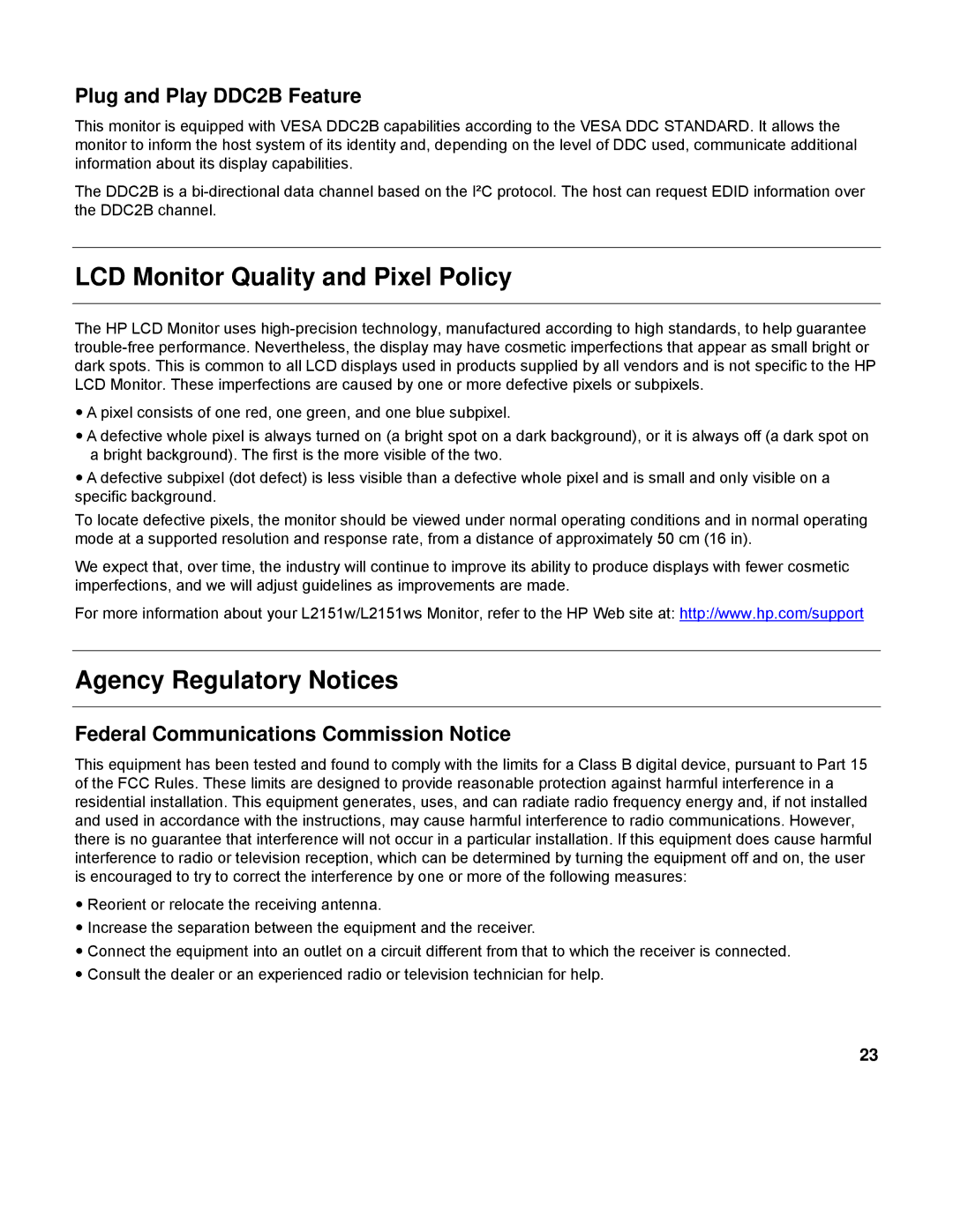 HP L2151WS manual LCD Monitor Quality and Pixel Policy, Agency Regulatory Notices, Plug and Play DDC2B Feature 