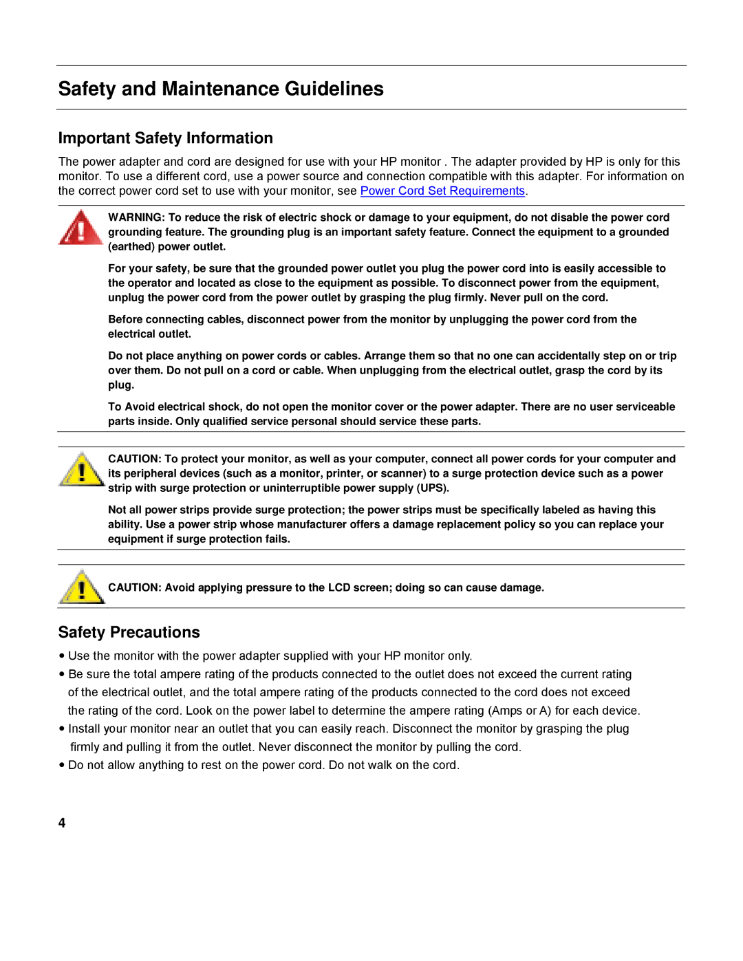 HP L2151WS manual Safety and Maintenance Guidelines, Important Safety Information, Safety Precautions 