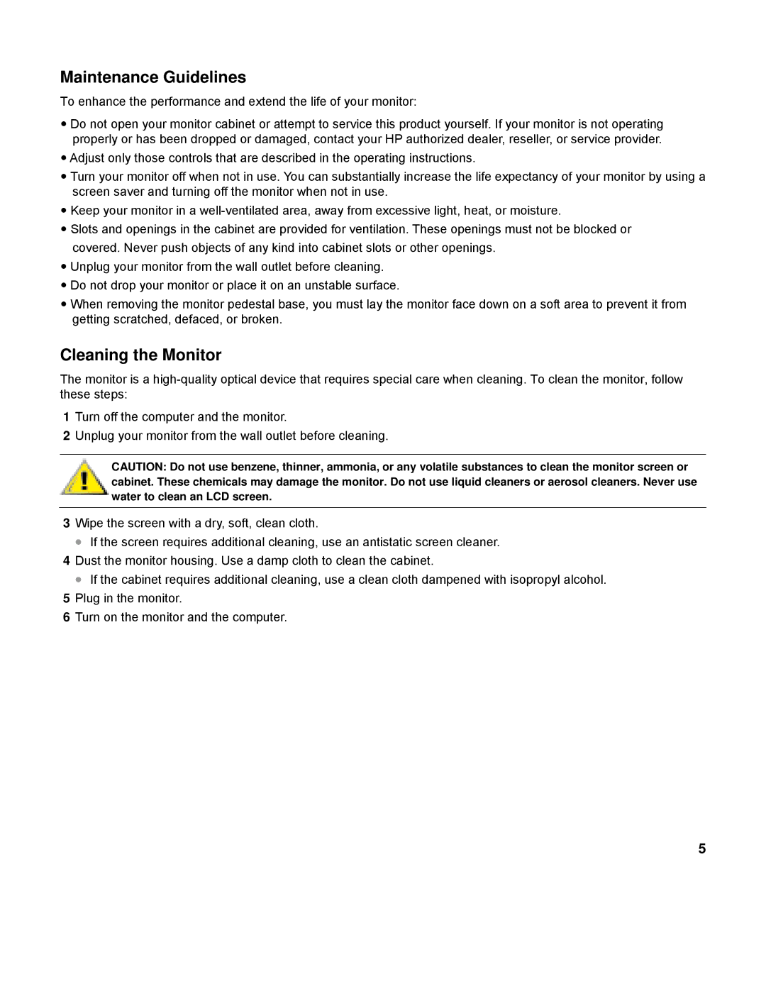 HP L2151WS manual Maintenance Guidelines, Cleaning the Monitor 