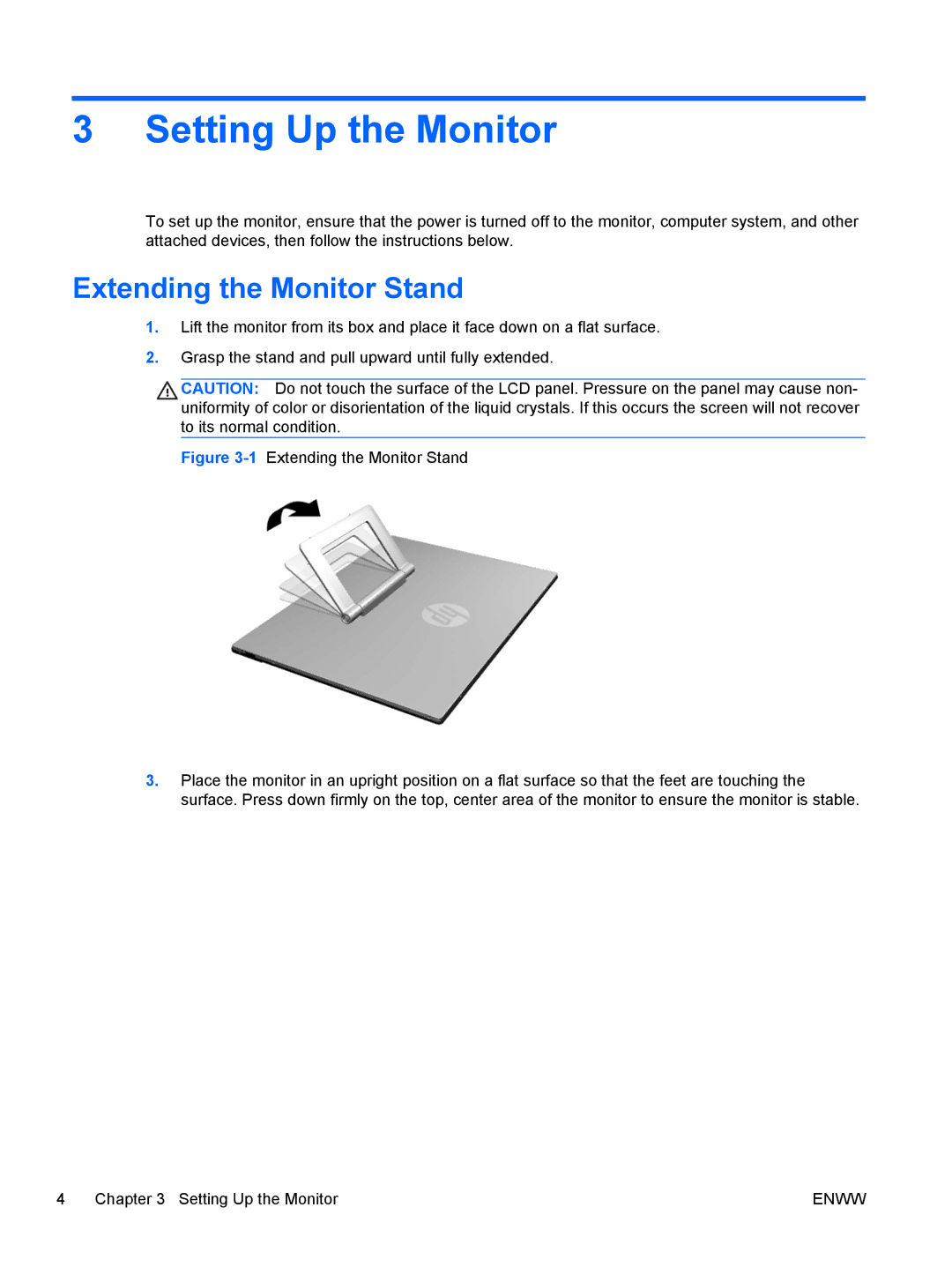 HP L2201x manual Setting Up the Monitor, Extending the Monitor Stand 