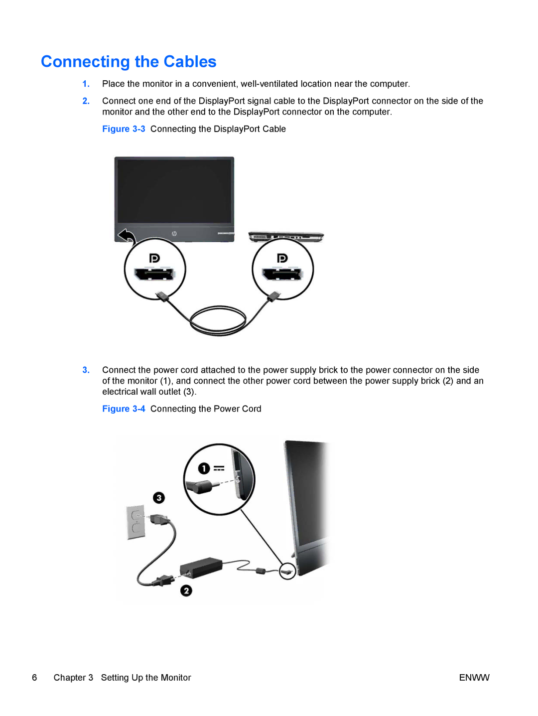 HP L2201x manual Connecting the Cables, 4Connecting the Power Cord Setting Up the Monitor 