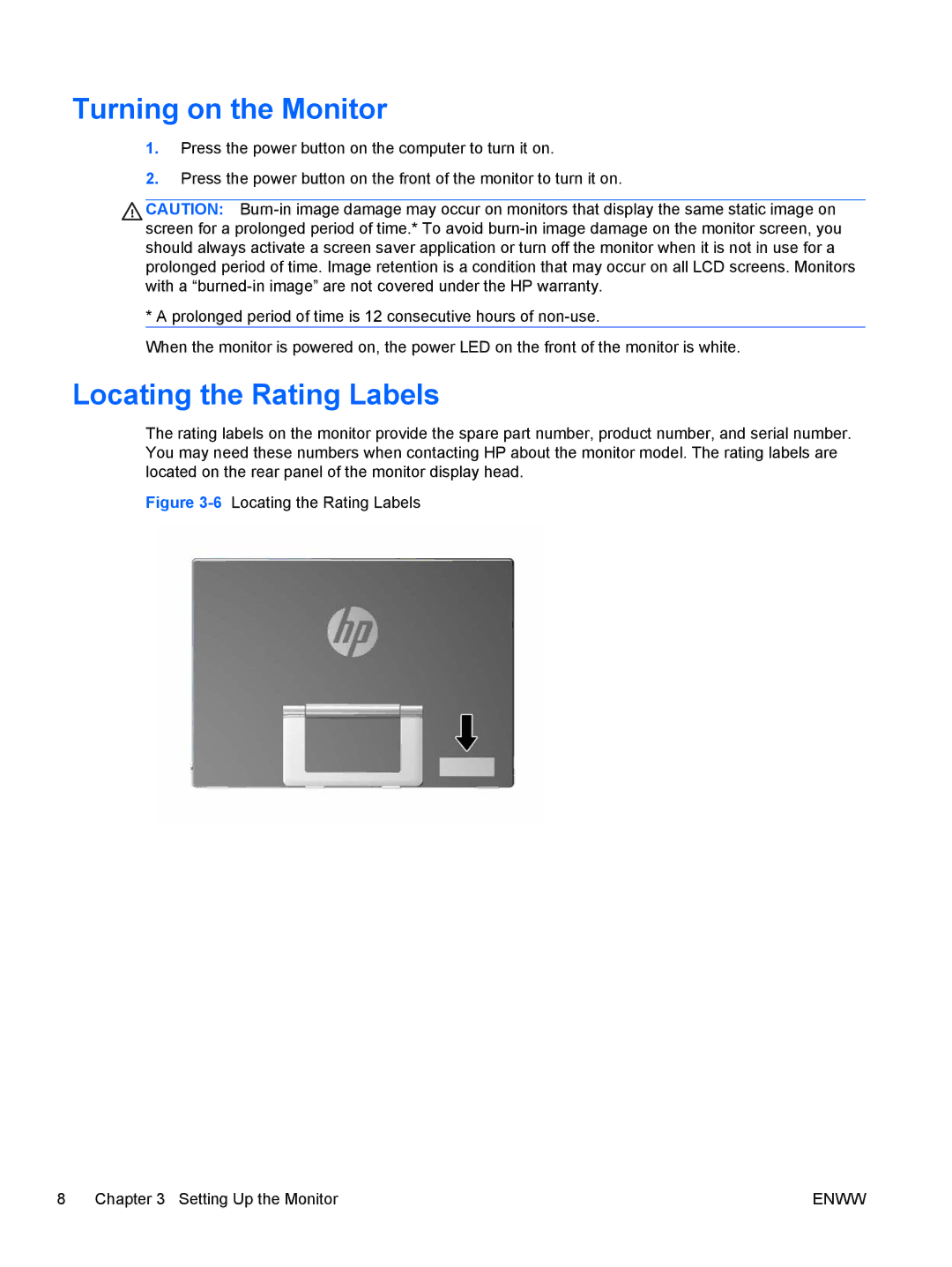 HP L2201x manual Turning on the Monitor, Locating the Rating Labels 