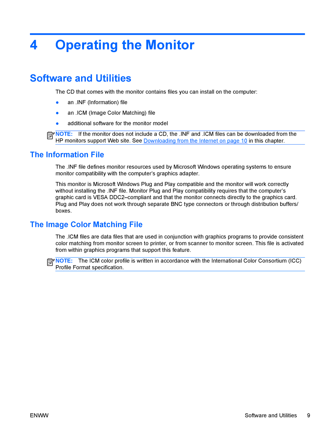 HP L2201x manual Operating the Monitor, Software and Utilities, Information File, Image Color Matching File 