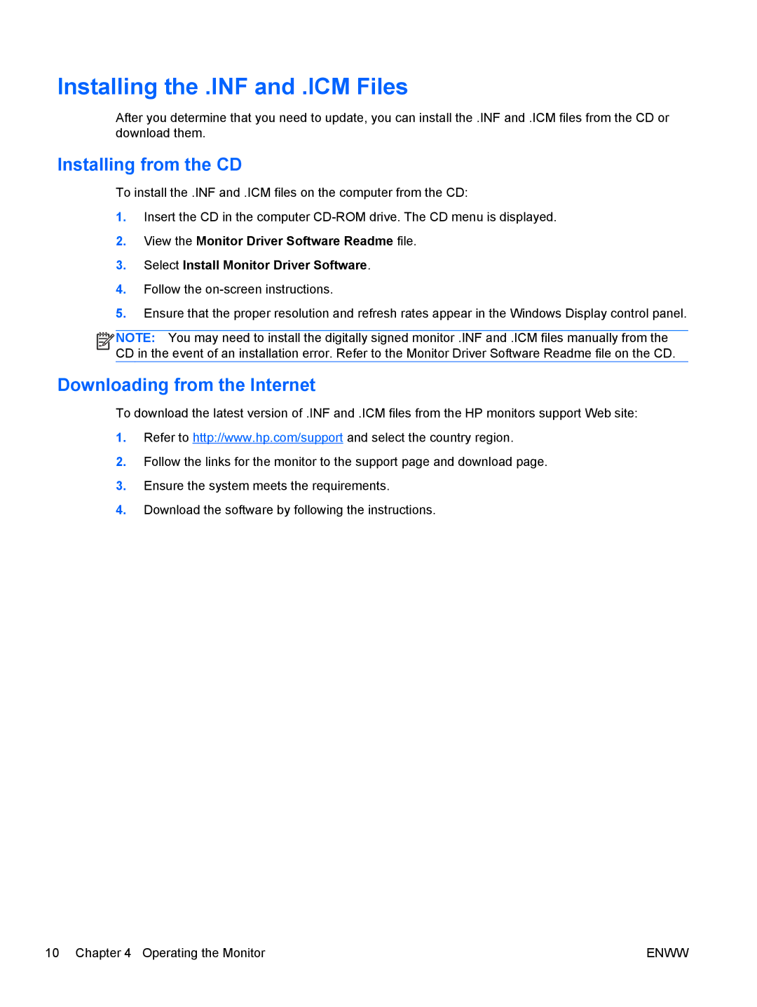 HP L2201x manual Installing the .INF and .ICM Files, Installing from the CD, Downloading from the Internet 