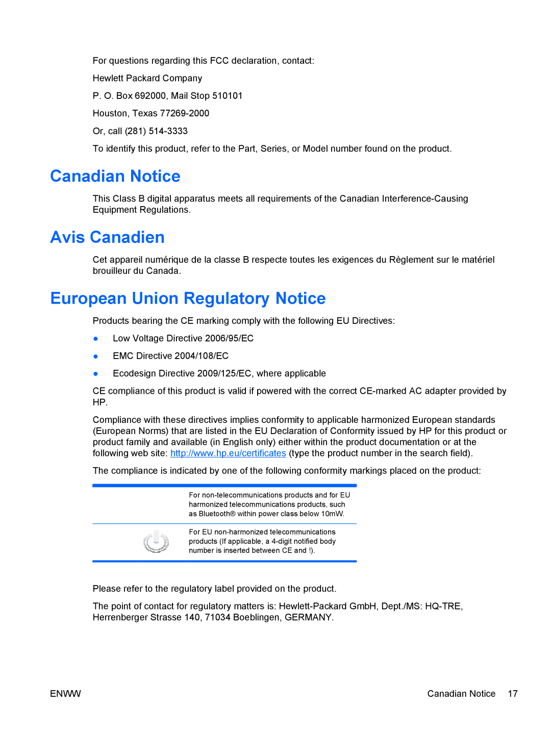 HP L2201x manual Canadian Notice, Avis Canadien, European Union Regulatory Notice 