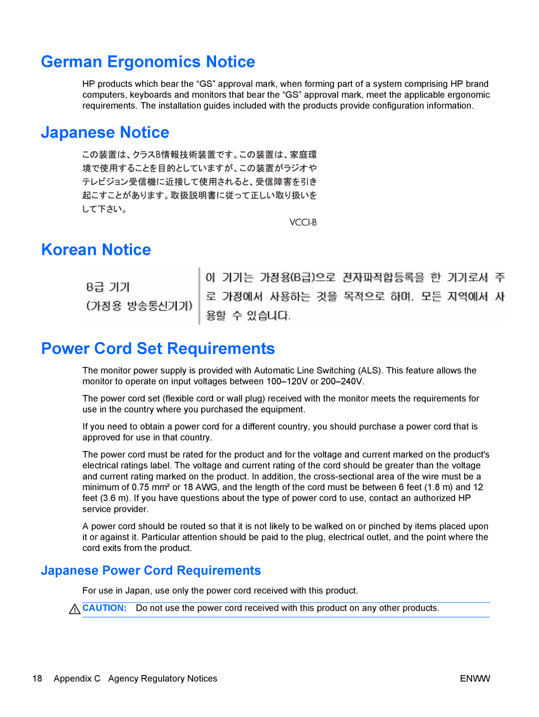 HP L2201x manual German Ergonomics Notice, Japanese Notice Korean Notice Power Cord Set Requirements 