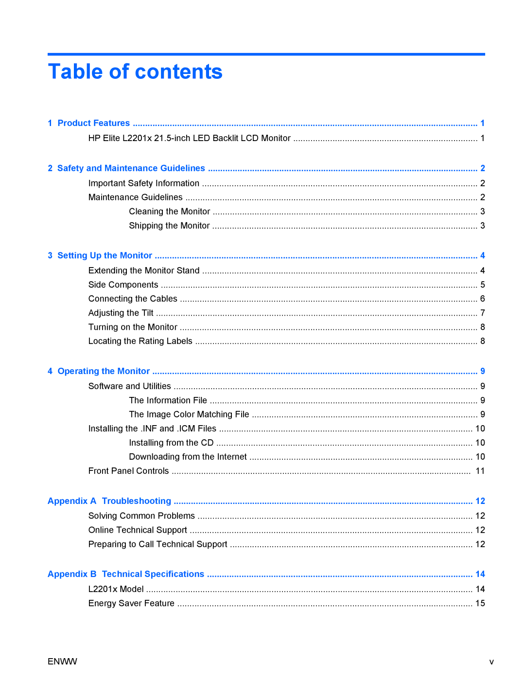 HP L2201x manual Table of contents 