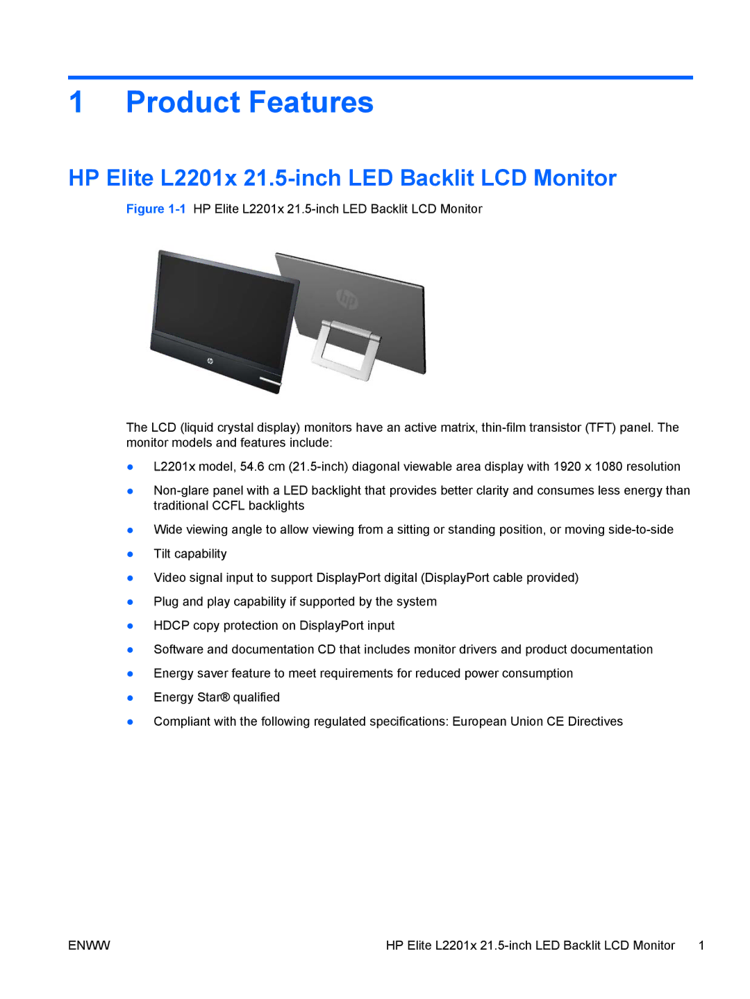 HP manual Product Features, HP Elite L2201x 21.5-inch LED Backlit LCD Monitor 