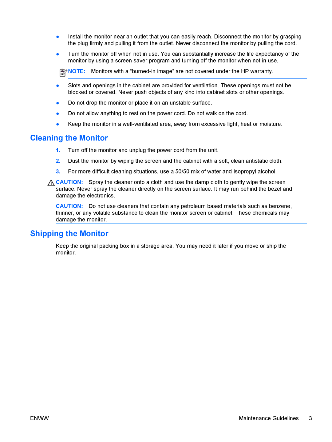 HP L2201x manual Cleaning the Monitor, Shipping the Monitor 