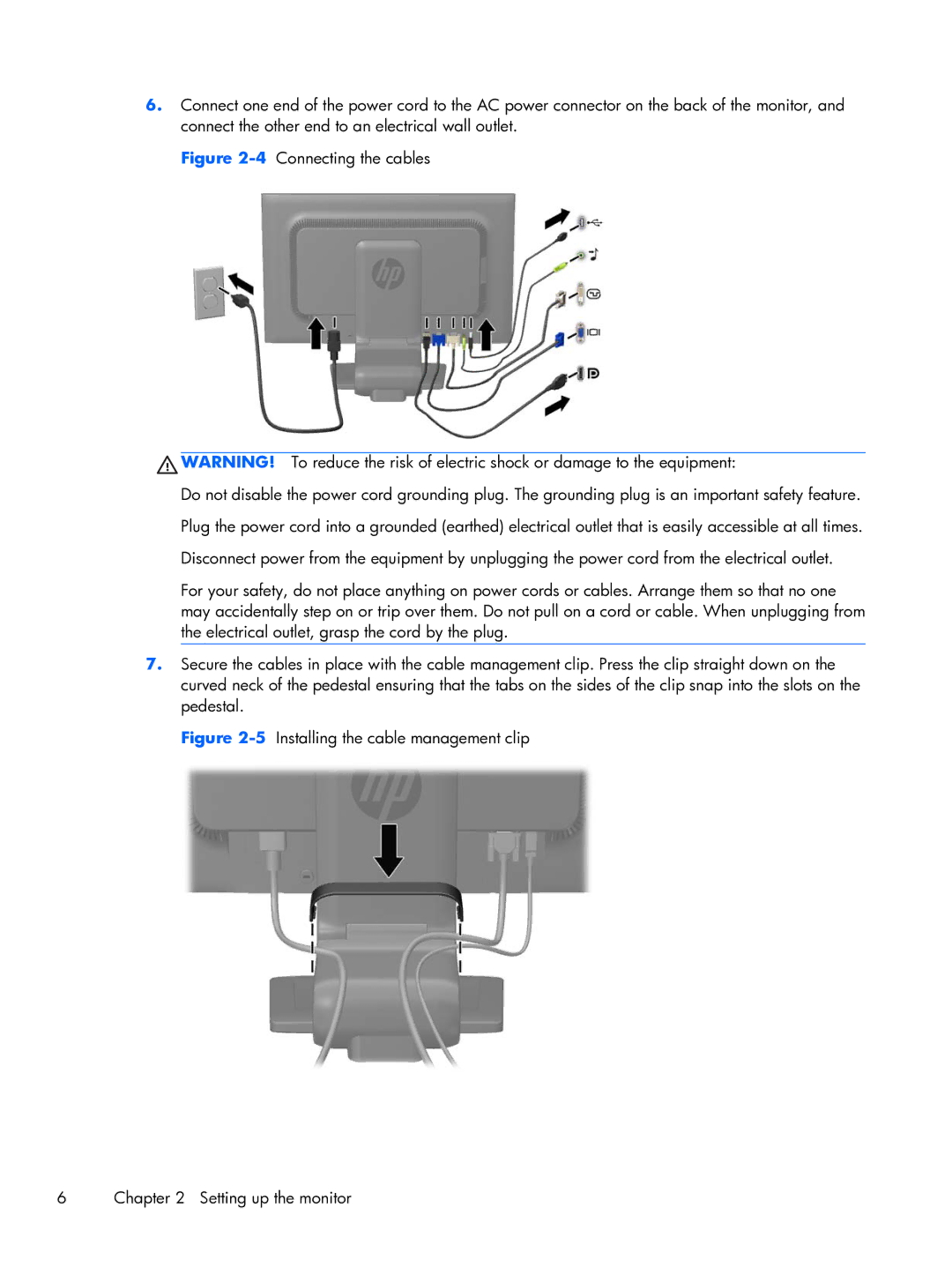 HP L2206tm Touch manual 5Installing the cable management clip Setting up the monitor 