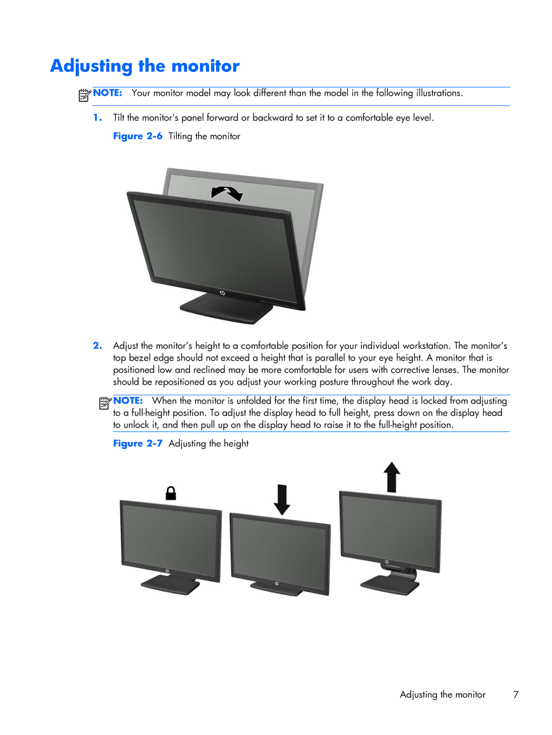 HP L2206tm Touch manual 7Adjusting the height Adjusting the monitor 