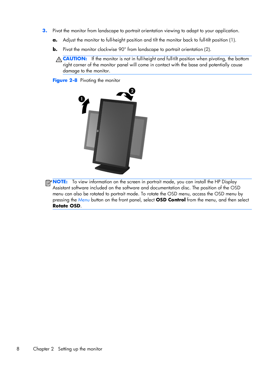 HP L2206tm Touch manual 8Pivoting the monitor Setting up the monitor 