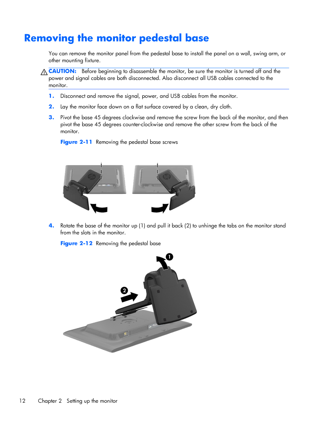 HP L2206tm Touch manual Removing the monitor pedestal base, 12Removing the pedestal base Setting up the monitor 