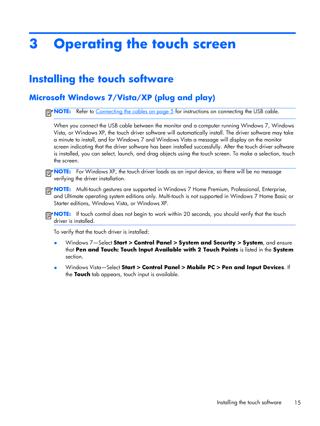 HP L2206tm Touch Operating the touch screen, Installing the touch software, Microsoft Windows 7/Vista/XP plug and play 