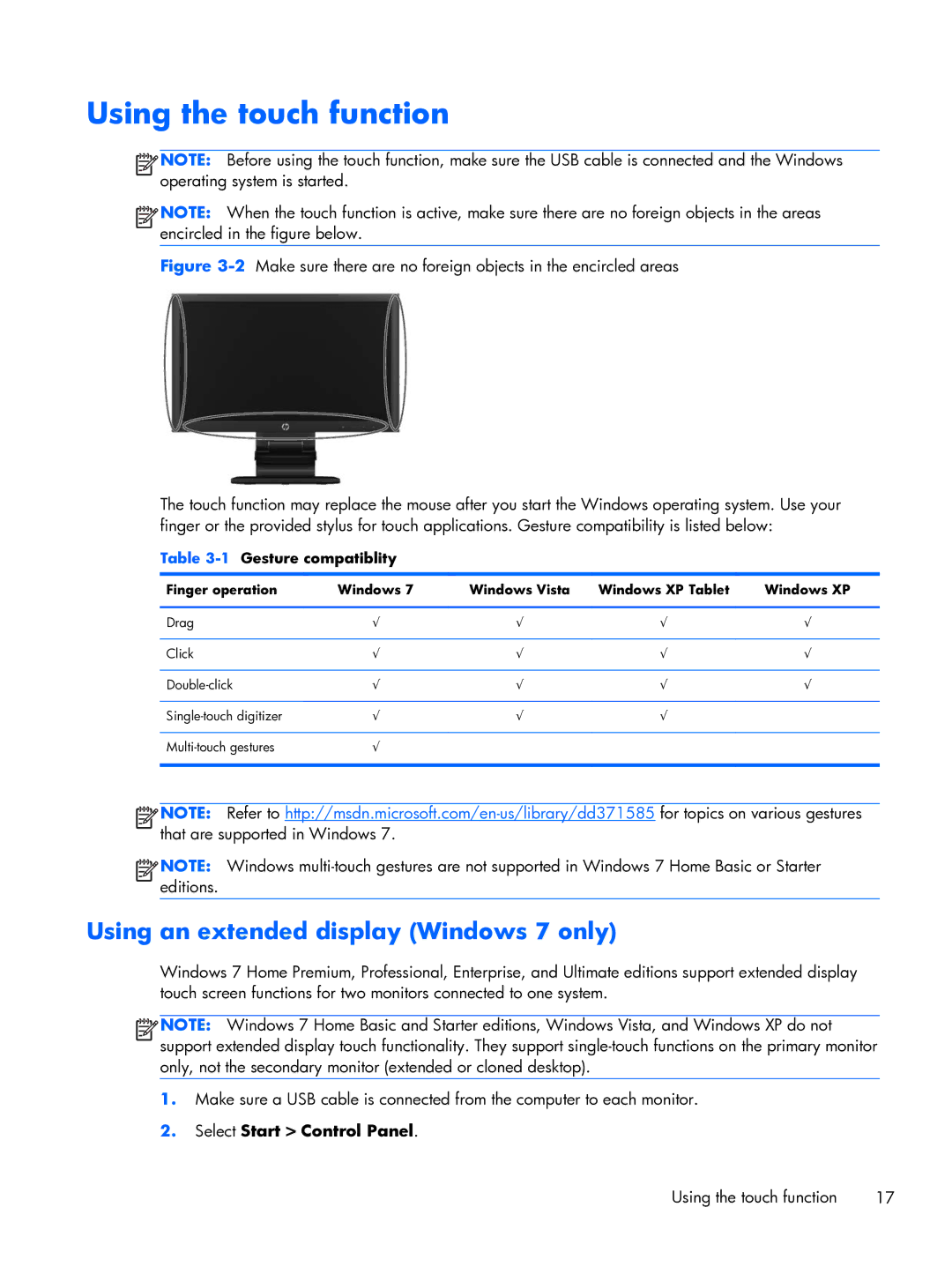 HP L2206tm Touch manual Using the touch function, Using an extended display Windows 7 only, 1Gesture compatiblity 